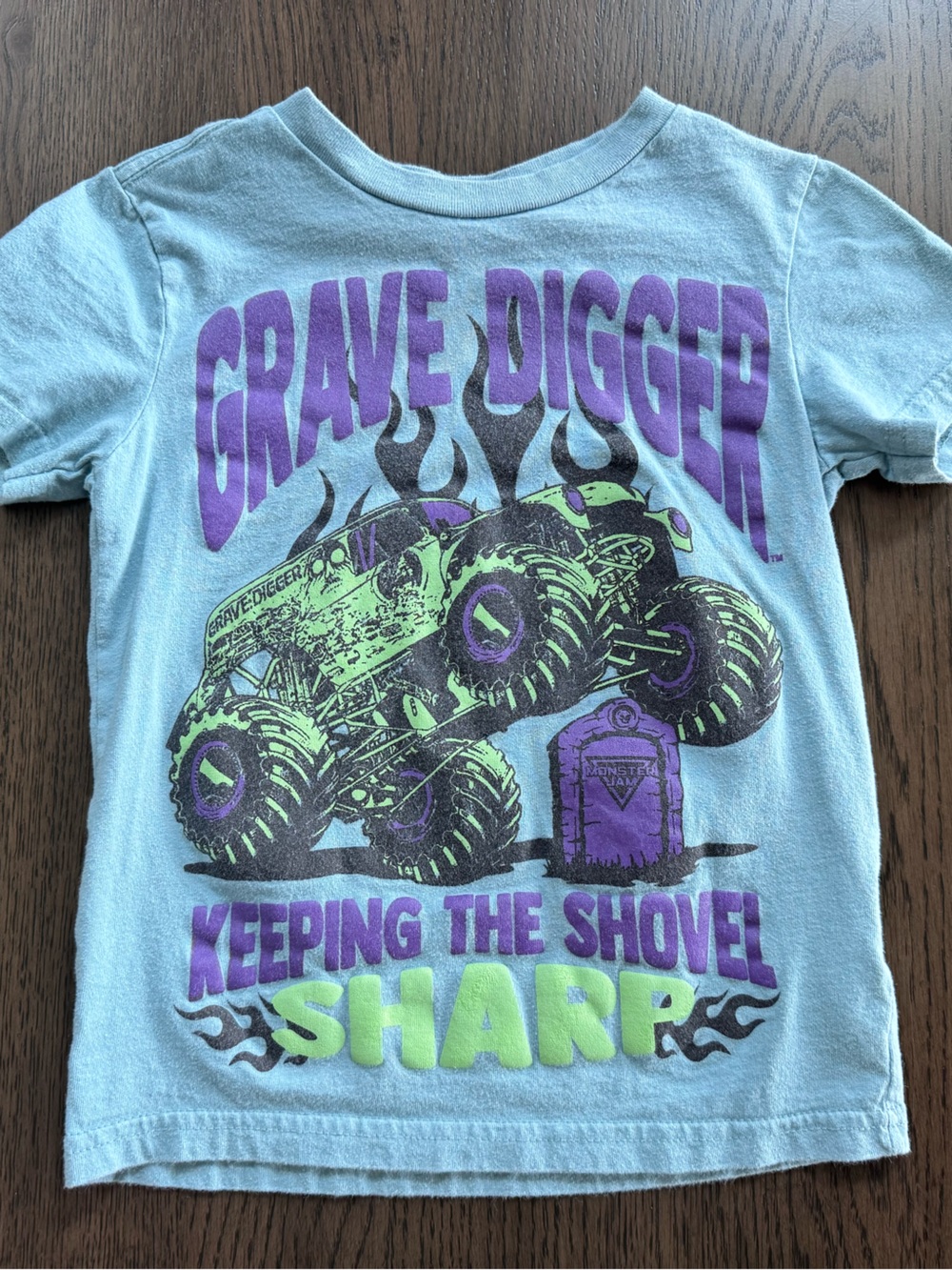 Kids 5T Graphic Monster Truck Tee - Light Blue with Purple & Green Print